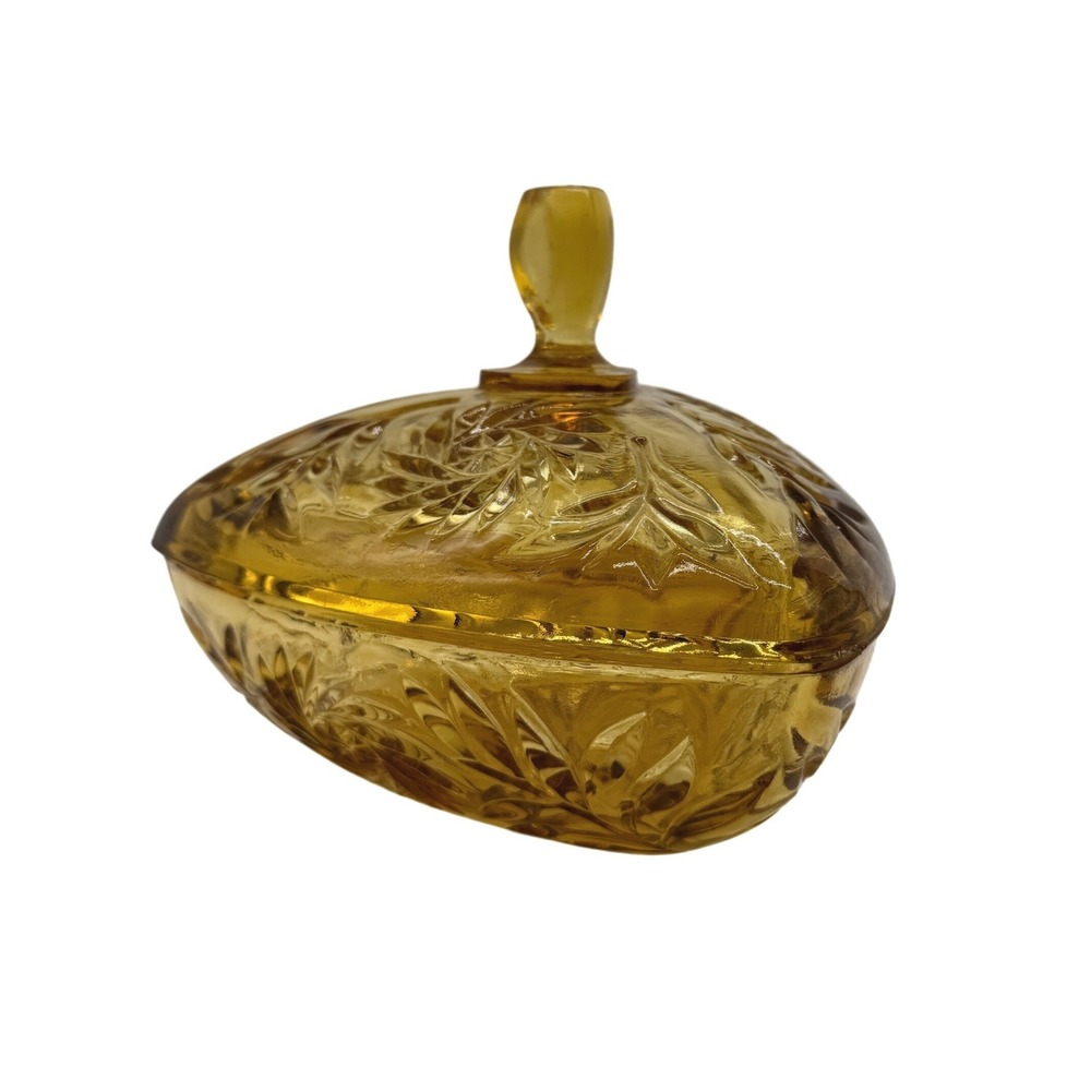 Vintage Amber Hazel Glass Triangle Candy Dish and Lid Pinwheel Starburst 1950s - Picture 12 of 14